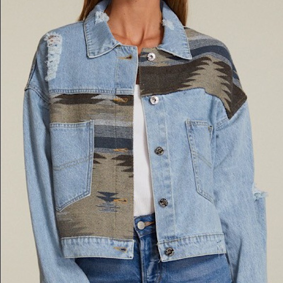 Southwest Aztec Blanket Denim Distressed Jacket - Picture 6 of 6